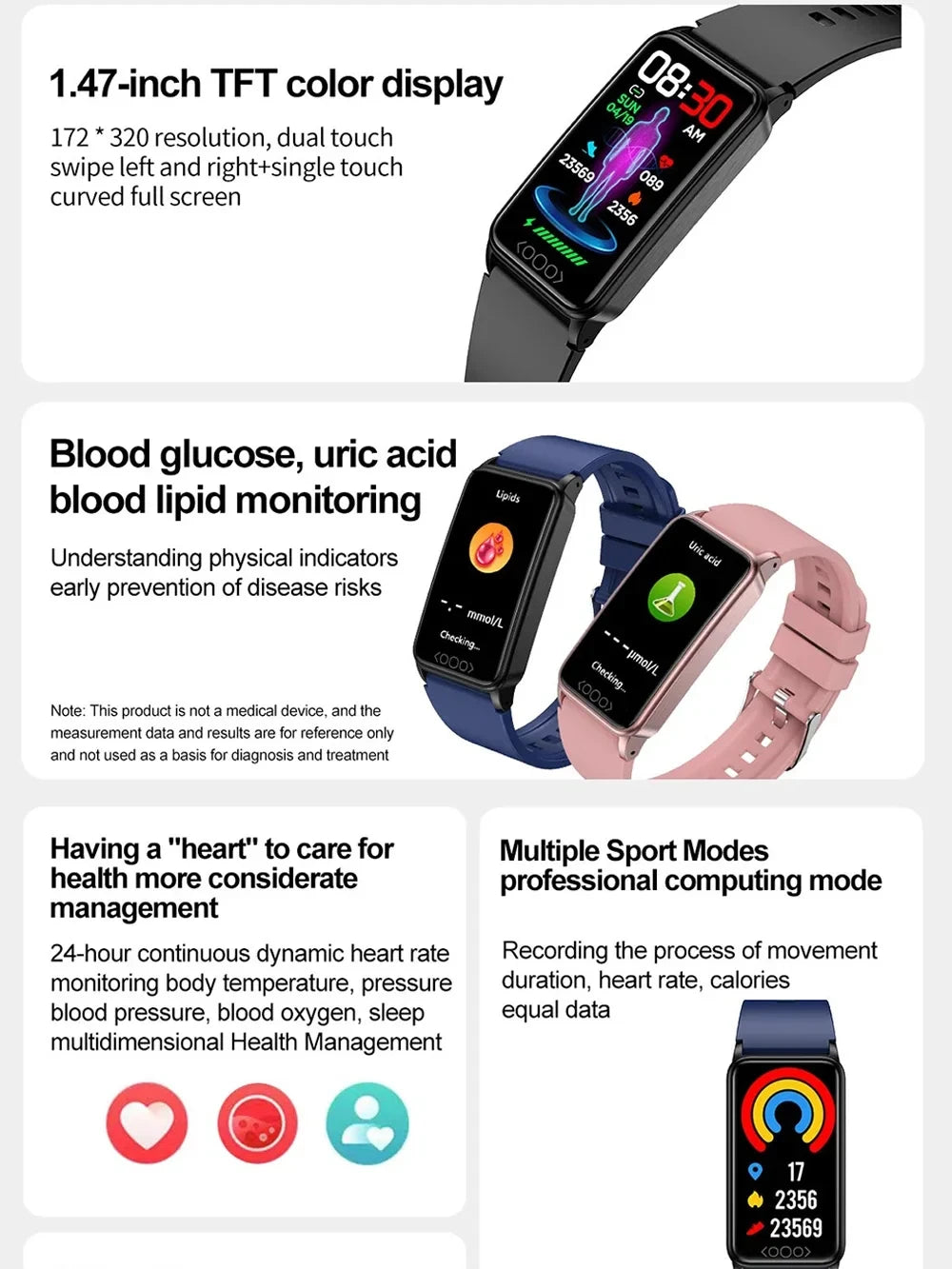 Smart bracelet for monitoring blood sugar, body temperature, uric acid, blood lipids, blood pressure and heart rate. Waterproof smart watch.