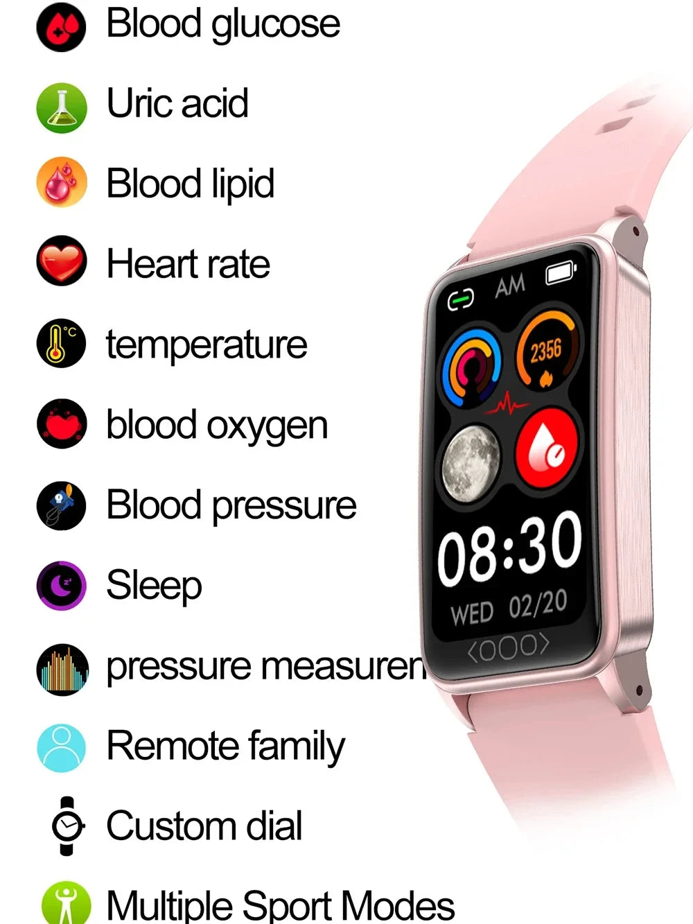 Smart bracelet for monitoring blood sugar, body temperature, uric acid, blood lipids, blood pressure and heart rate. Waterproof smart watch.
