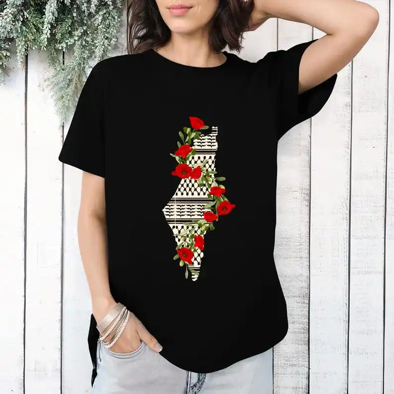 Camiseta Palestina con estampado de flores y mapa, camisetas de algodón