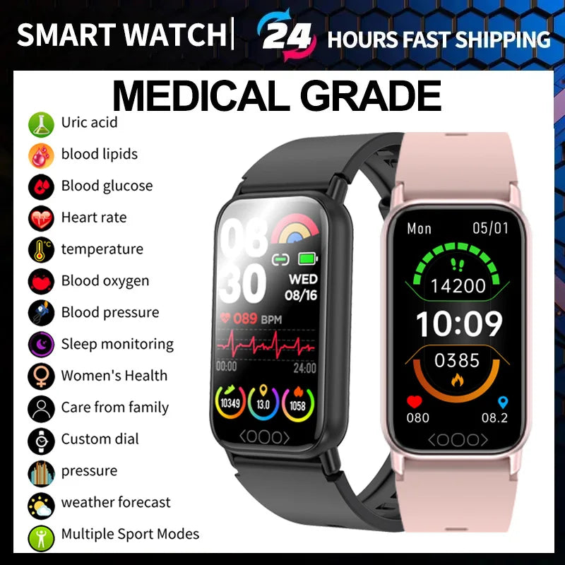 Smart bracelet for monitoring blood sugar, body temperature, uric acid, blood lipids, blood pressure and heart rate. Waterproof smart watch.