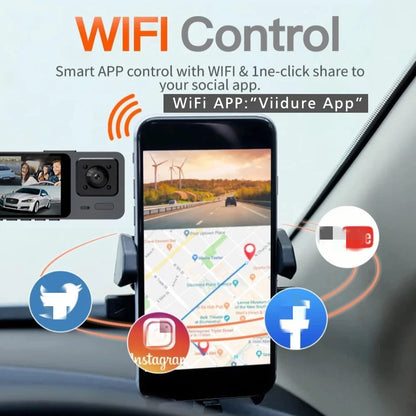 Cámara de salpicadero DVR para coche, videocámara de 3 vías con wifi, 3 CANALES, HD 1080P, 3 lentes, interior del vehículo