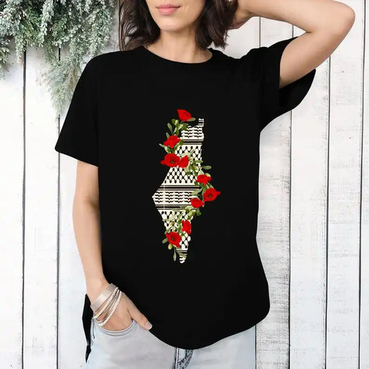 Camiseta Palestina con estampado de flores y mapa, camisetas de algodón