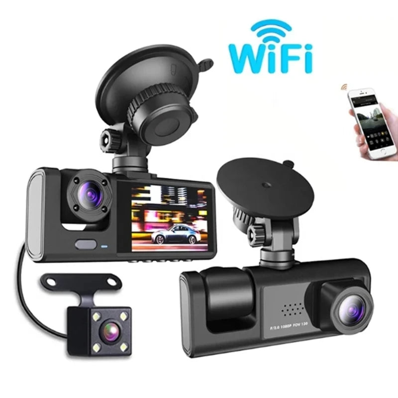 Cámara de salpicadero DVR para coche, videocámara de 3 vías con wifi, 3 CANALES, HD 1080P, 3 lentes, interior del vehículo