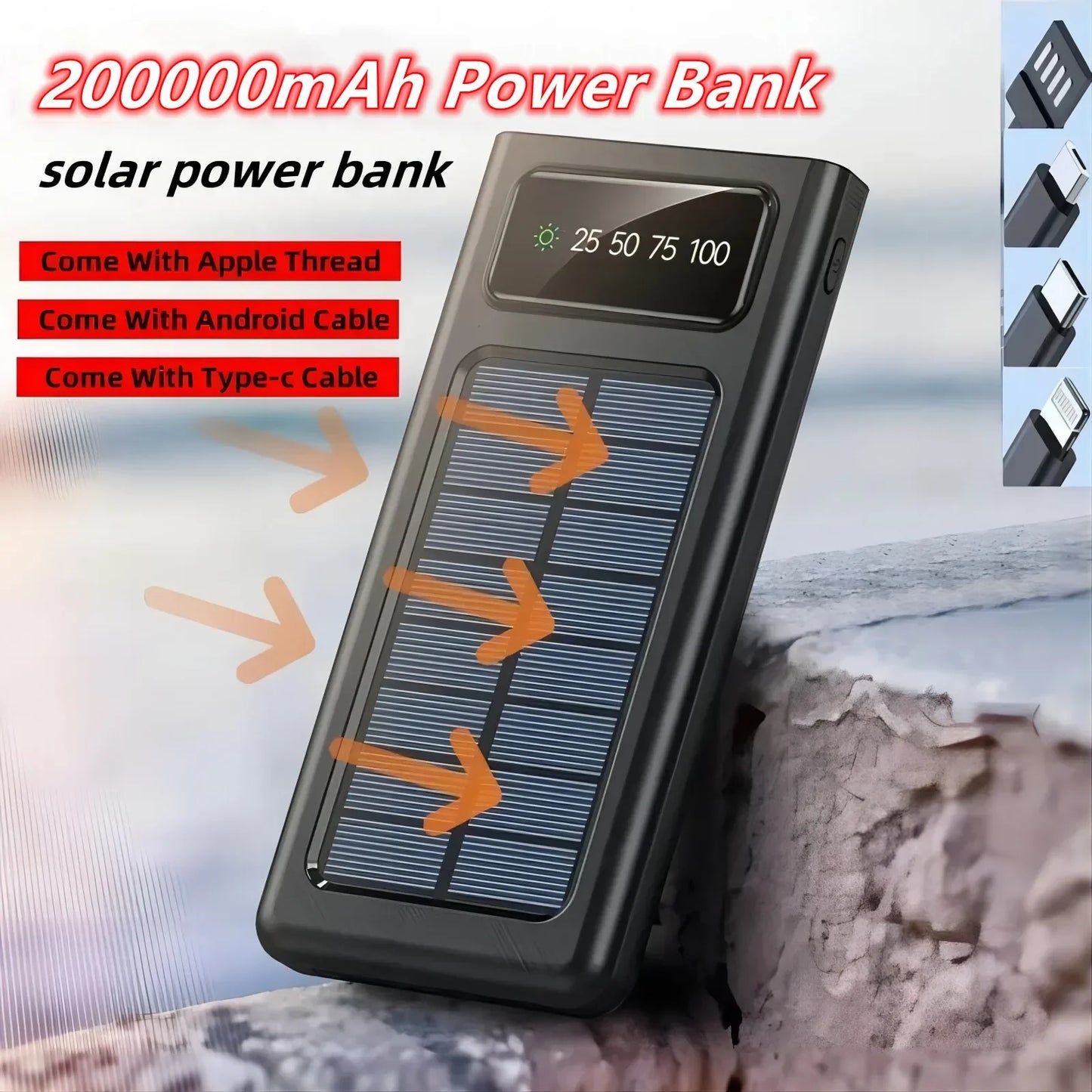 200000 mAh Powerbank mit extrem großer Kapazität, Solar-Lade-Powerbank, kommt mit vier Drähten, geeignet für Samsung, Apple, Huawei